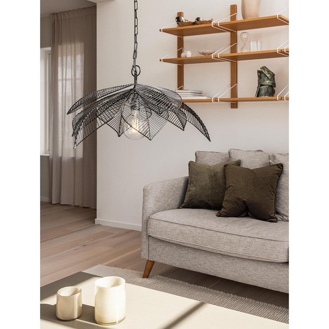 Ażurowa metalowa lampa wisząca Elm liście 70cm w salonie